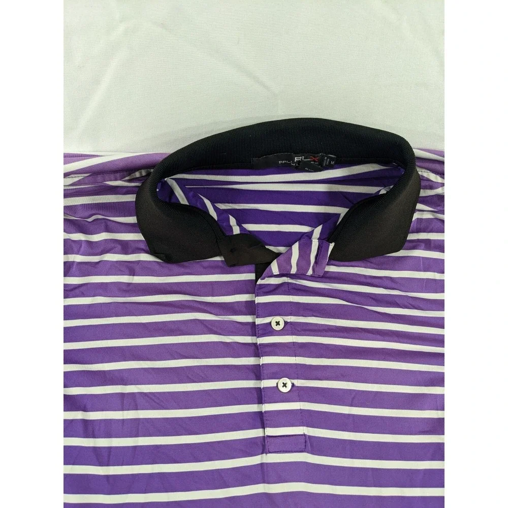 RLX Ralph Lauren Golf Polo Shirt Size Medium Purple Striped Oak Tree Golf Course